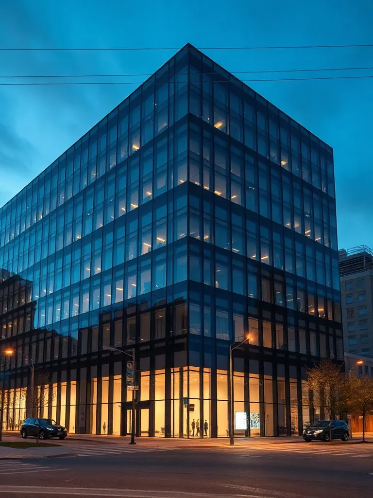 A modern minimalist office building exterior in Calgary, gla