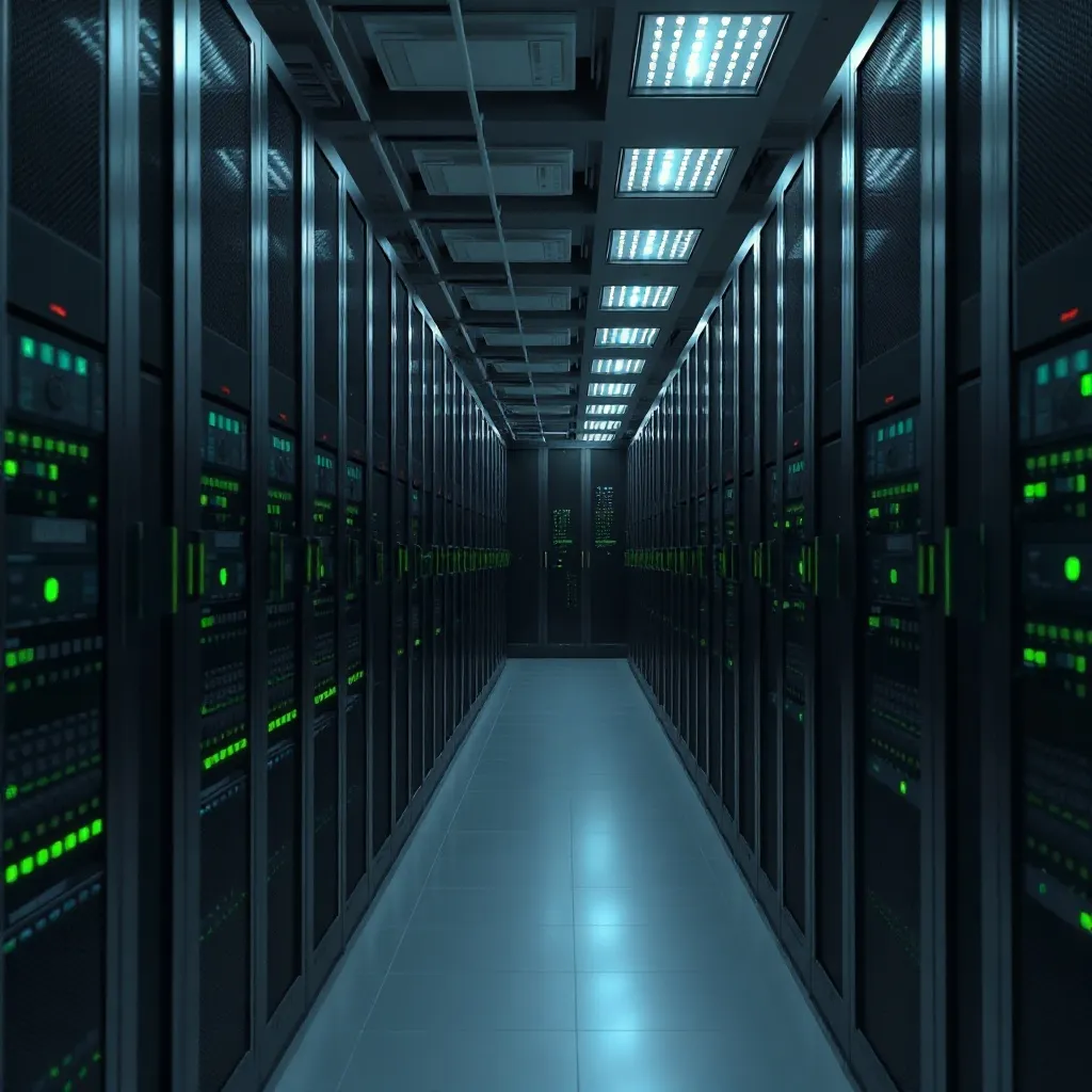 A high-tech server room with rows of blinking servers and ca