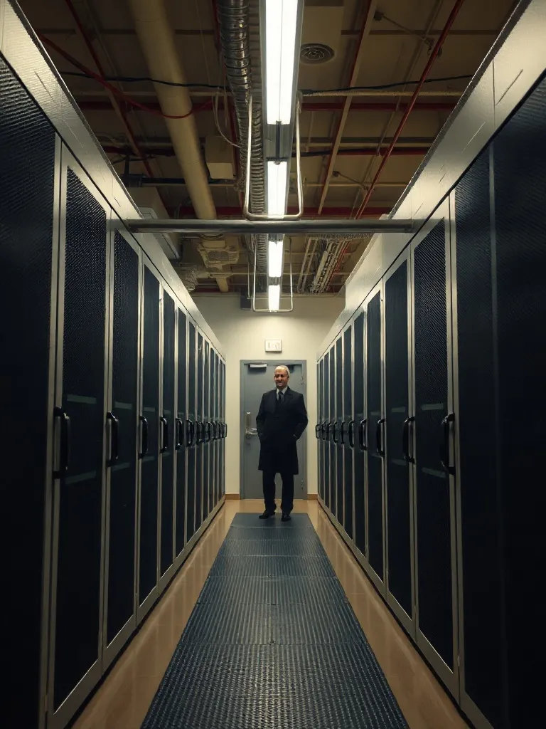 A professional high-tech server room with clean lines and in